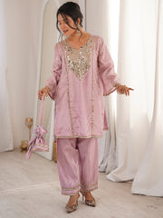 Stylish Pink Mirror Work Silk Festive Wear Pant Suit