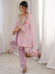 Stylish Pink Mirror Work Silk Festive Wear Pant Suit