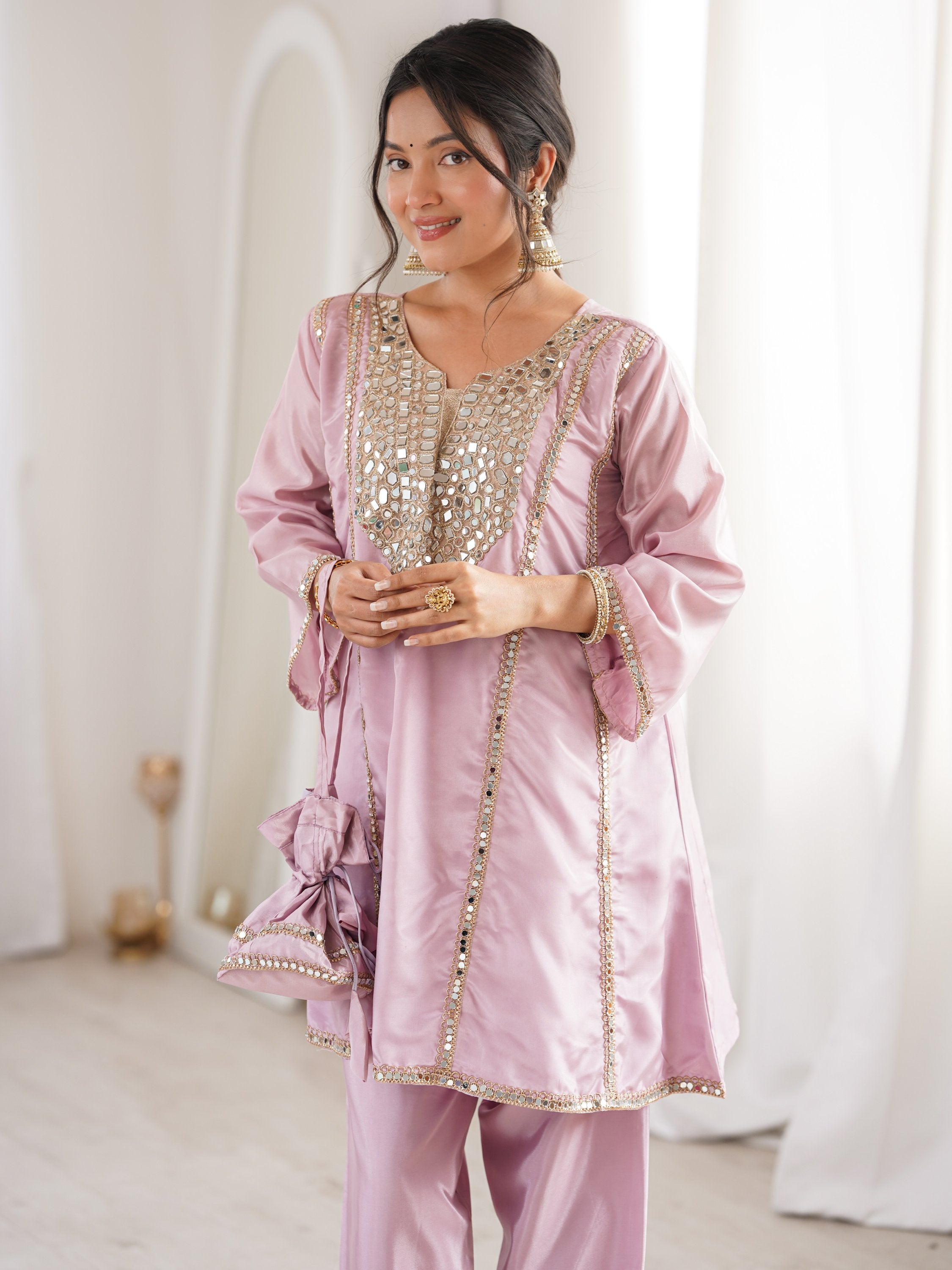Stylish Pink Mirror Work Silk Festive Wear Pant Suit