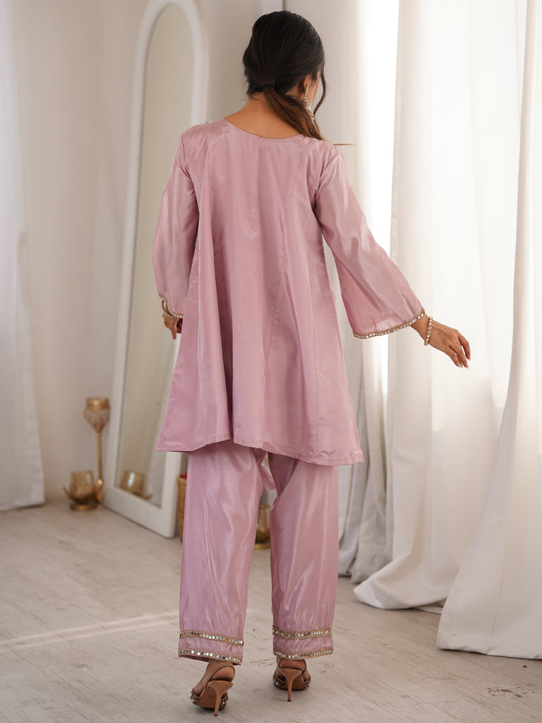 Stylish Pink Mirror Work Silk Festive Wear Pant Suit