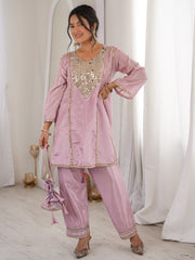 Stylish Pink Mirror Work Silk Festive Wear Pant Suit