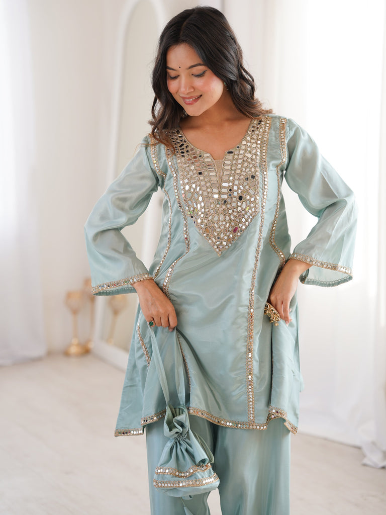 Gorgeous Sky Blue Mirror Work Silk Designer Pant Suit