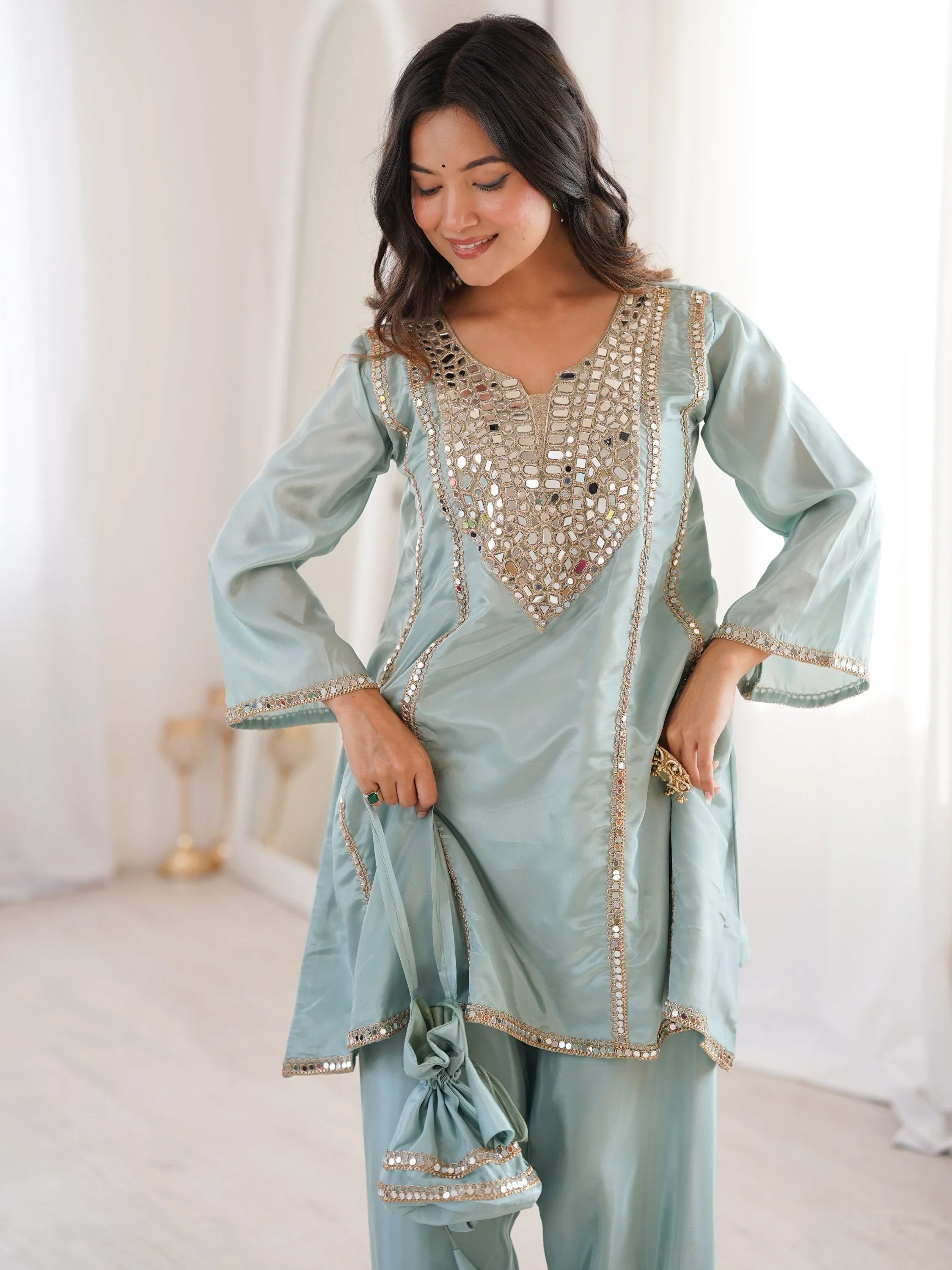 Gorgeous Sky Blue Mirror Work Silk Designer Pant Suit