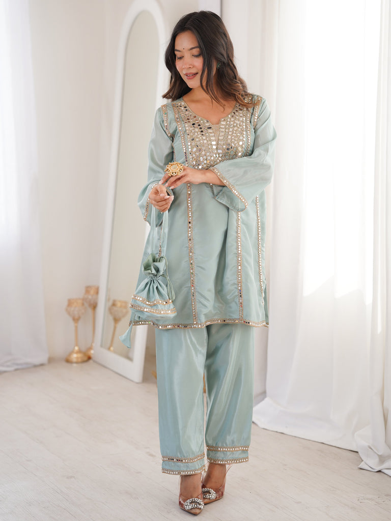 Gorgeous Sky Blue Mirror Work Silk Designer Pant Suit