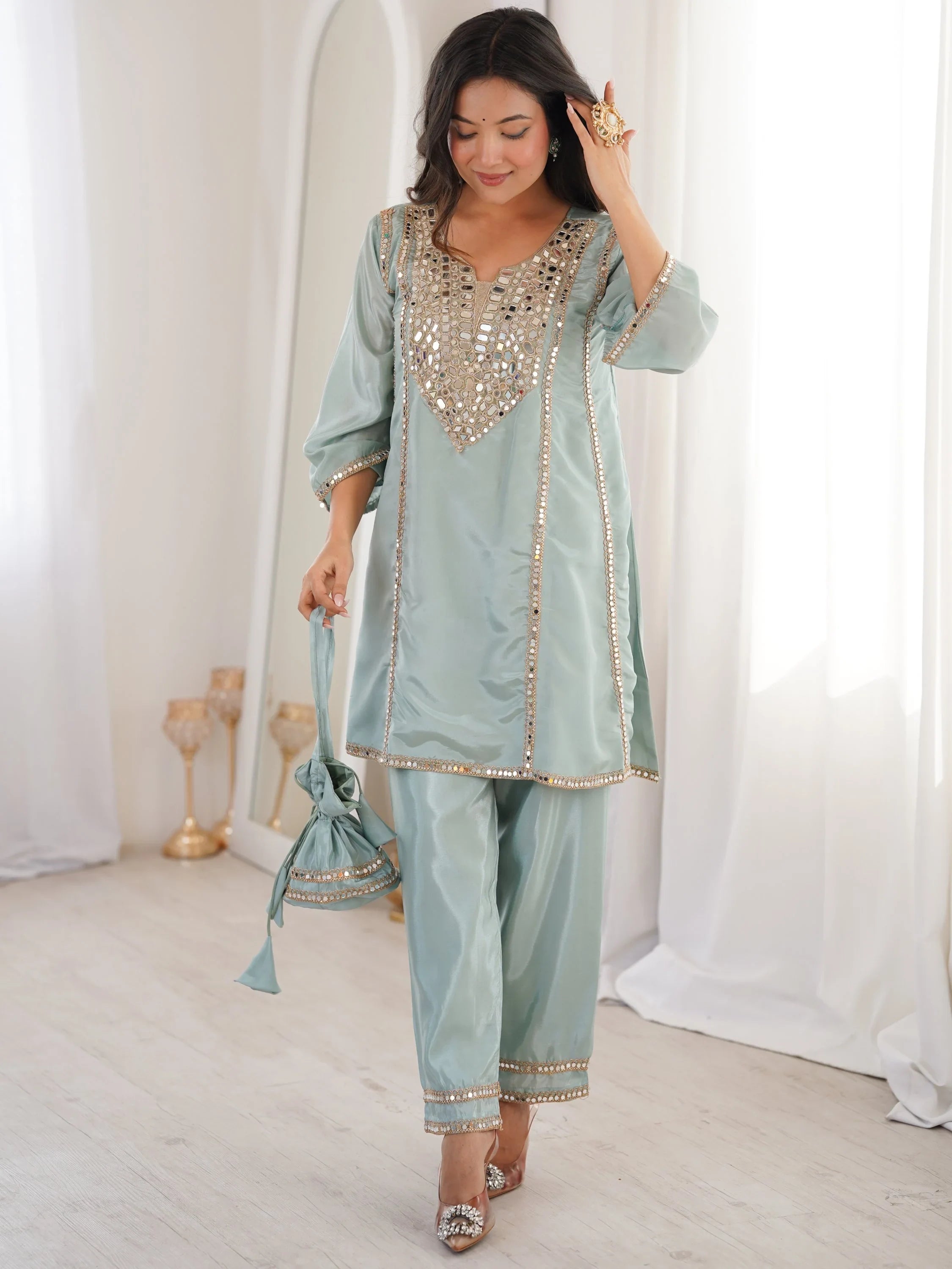 Gorgeous Sky Blue Mirror Work Silk Designer Pant Suit