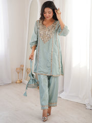 Gorgeous Sky Blue Mirror Work Silk Designer Pant Suit