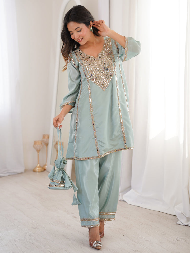 Gorgeous Sky Blue Mirror Work Silk Designer Pant Suit