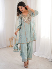 Gorgeous Sky Blue Mirror Work Silk Designer Pant Suit