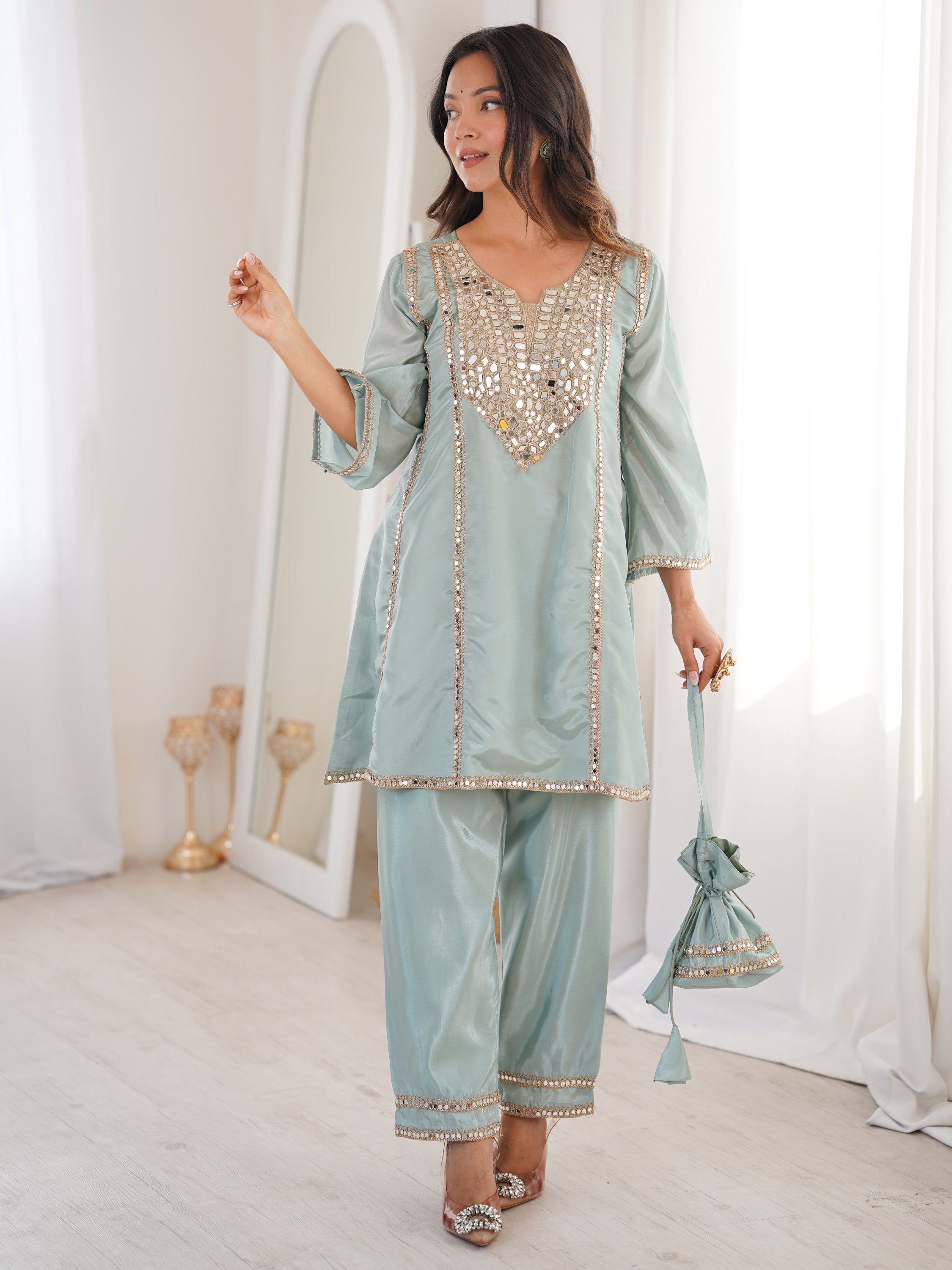 Gorgeous Sky Blue Mirror Work Silk Designer Pant Suit