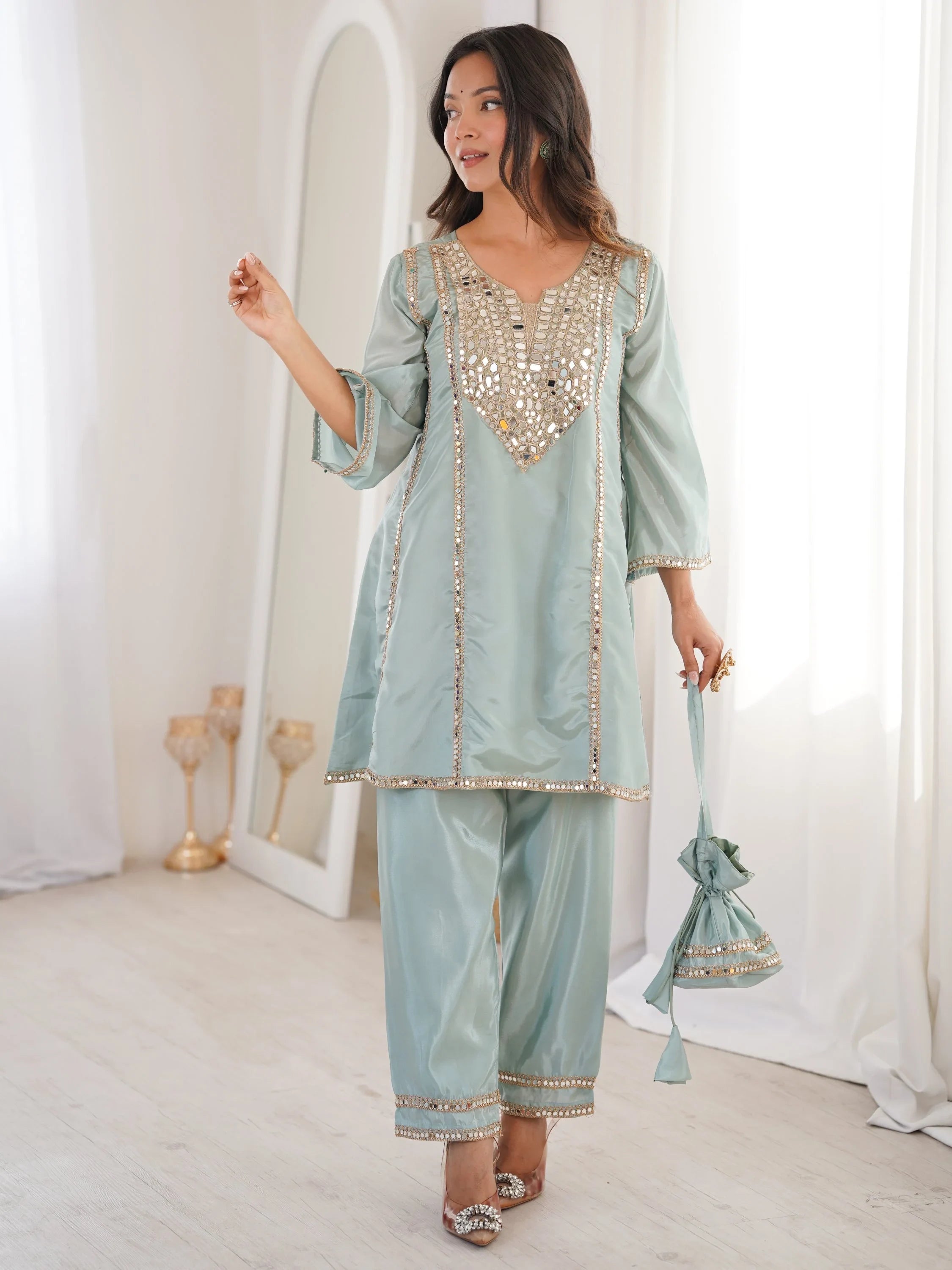 Gorgeous Sky Blue Mirror Work Silk Designer Pant Suit