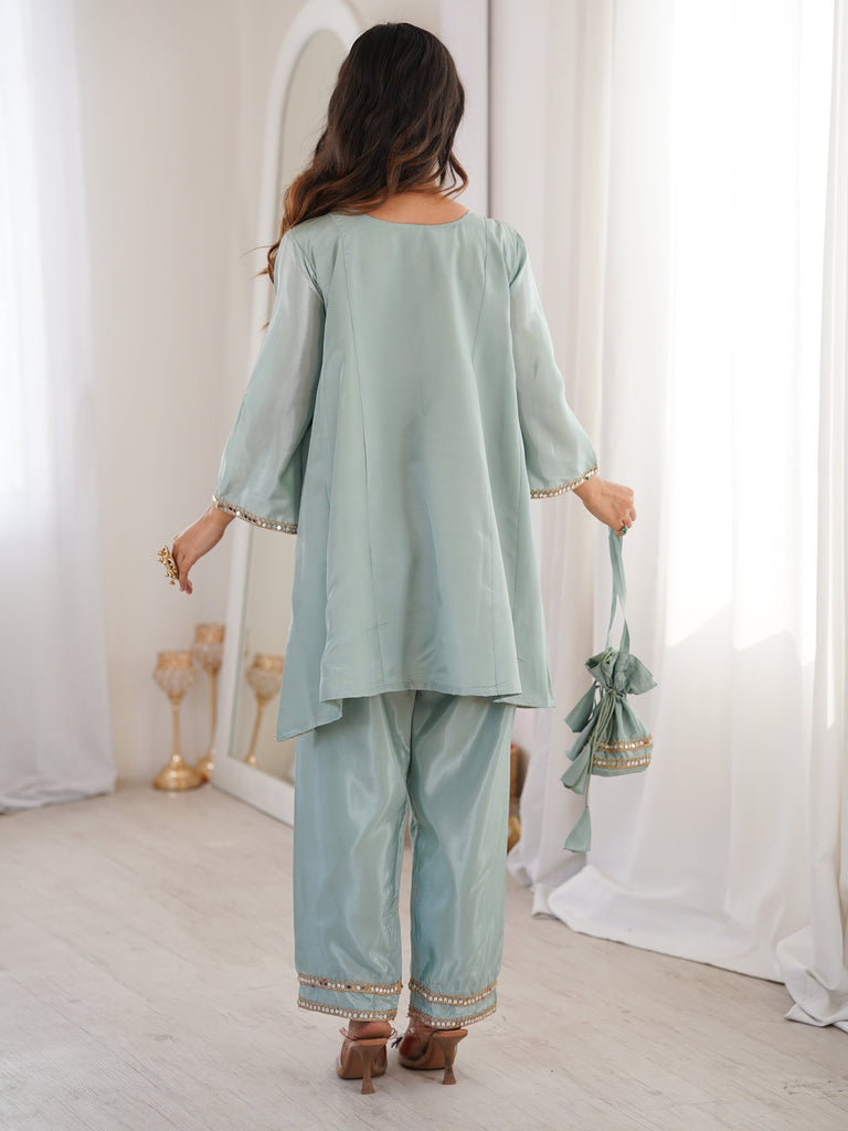 Gorgeous Sky Blue Mirror Work Silk Designer Pant Suit