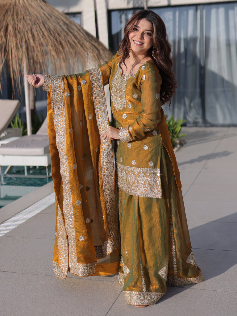 Lovely Mustard Yellow Zari Work Chiffon Wedding Wear Sharara Suit