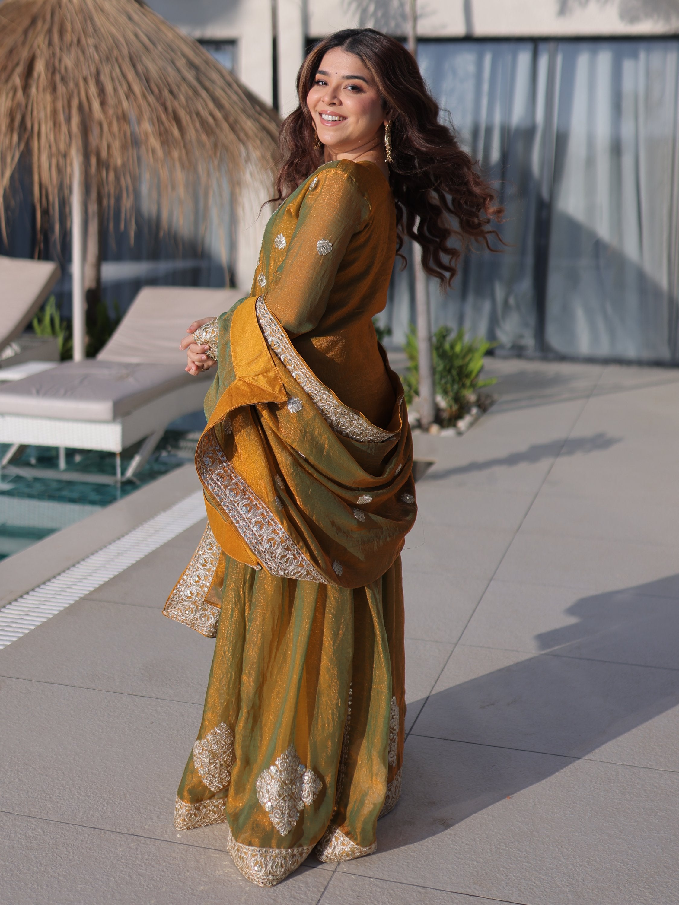 Lovely Mustard Yellow Zari Work Chiffon Wedding Wear Sharara Suit