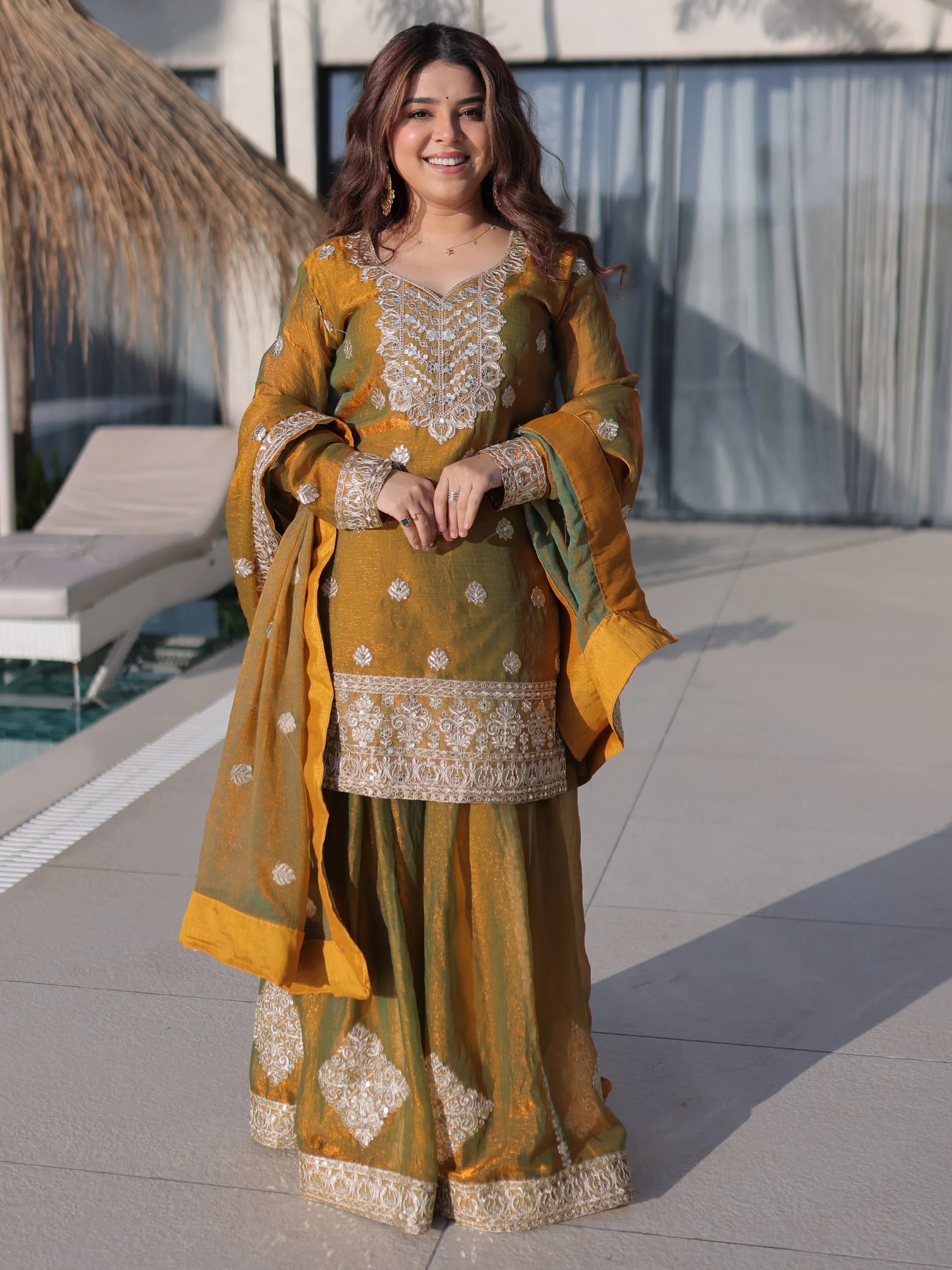Lovely Mustard Yellow Zari Work Chiffon Wedding Wear Sharara Suit