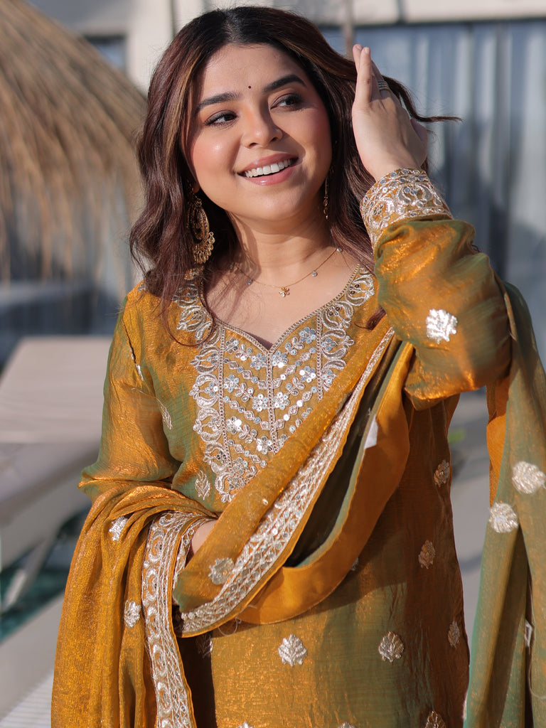 Lovely Mustard Yellow Zari Work Chiffon Wedding Wear Sharara Suit