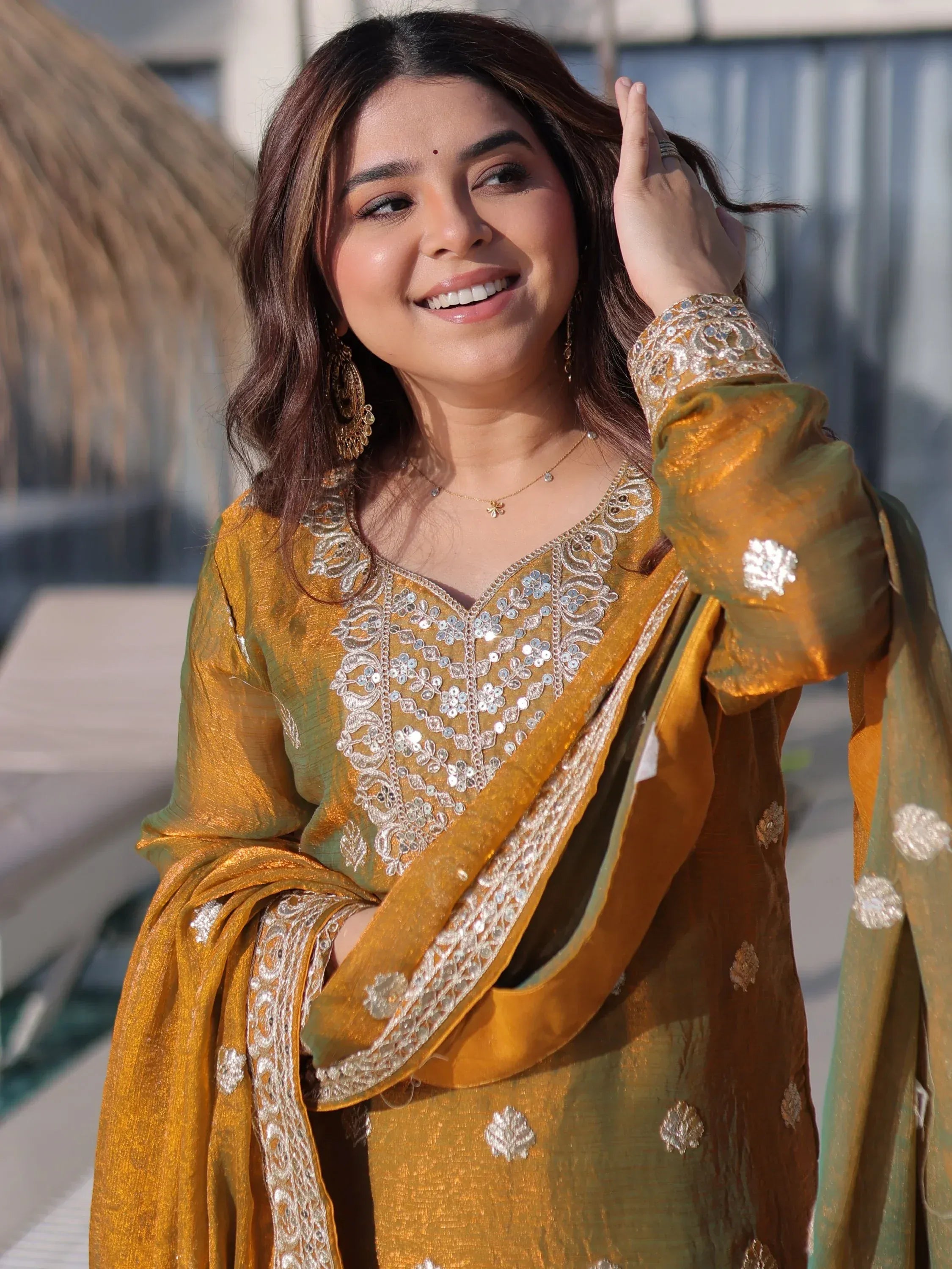 Lovely Mustard Yellow Zari Work Chiffon Wedding Wear Sharara Suit