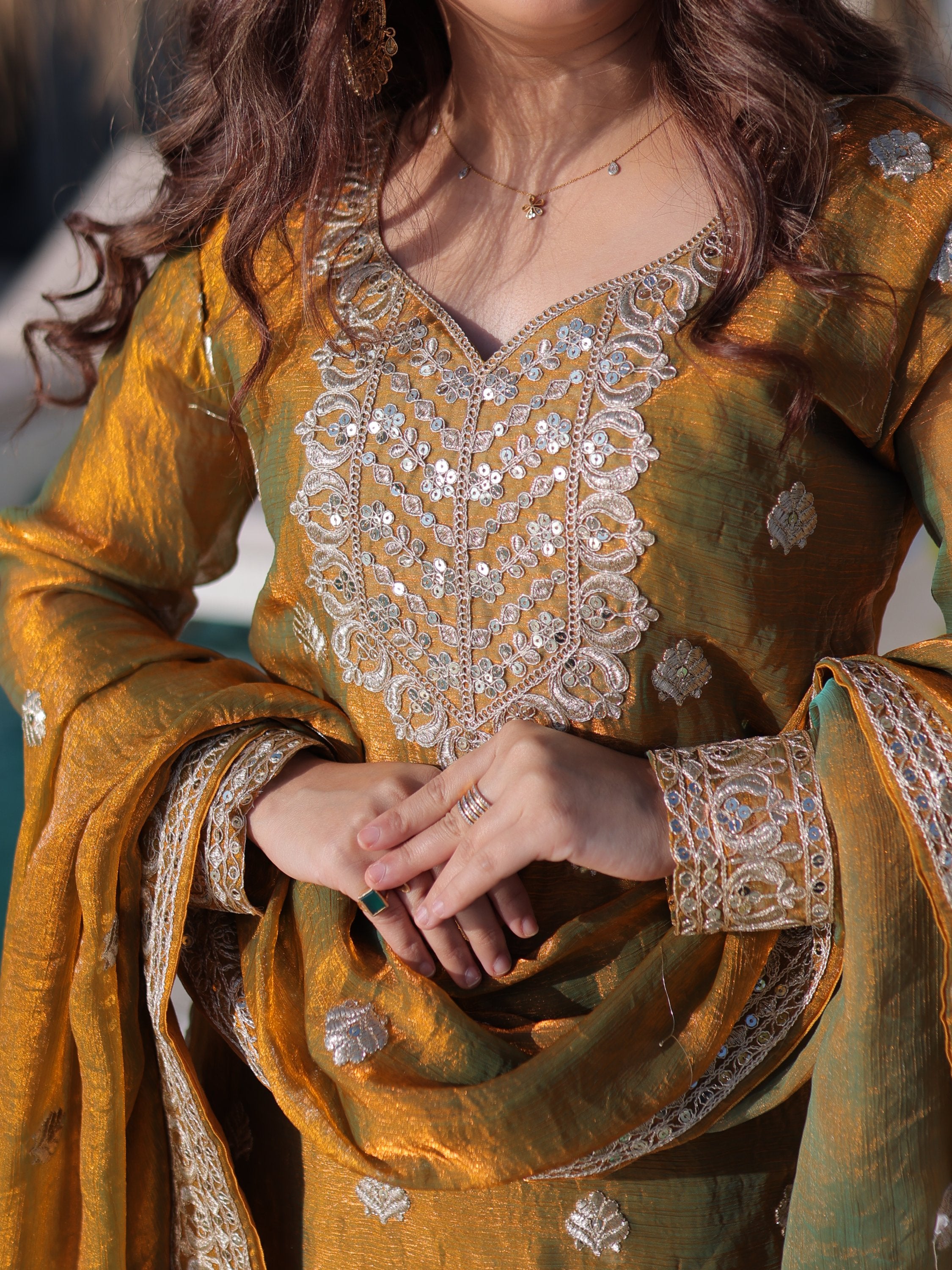 Lovely Mustard Yellow Zari Work Chiffon Wedding Wear Sharara Suit