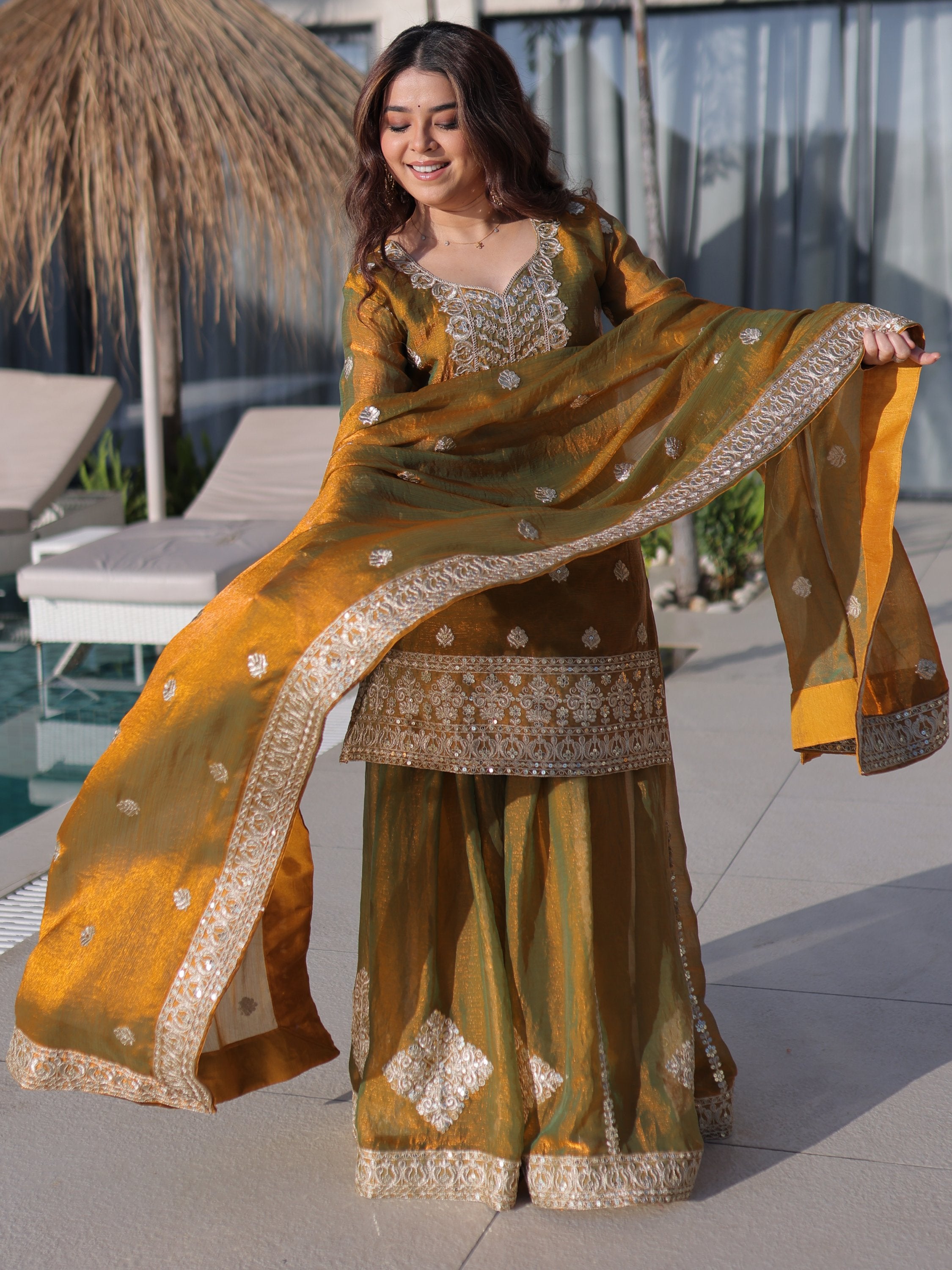 Lovely Mustard Yellow Zari Work Chiffon Wedding Wear Sharara Suit