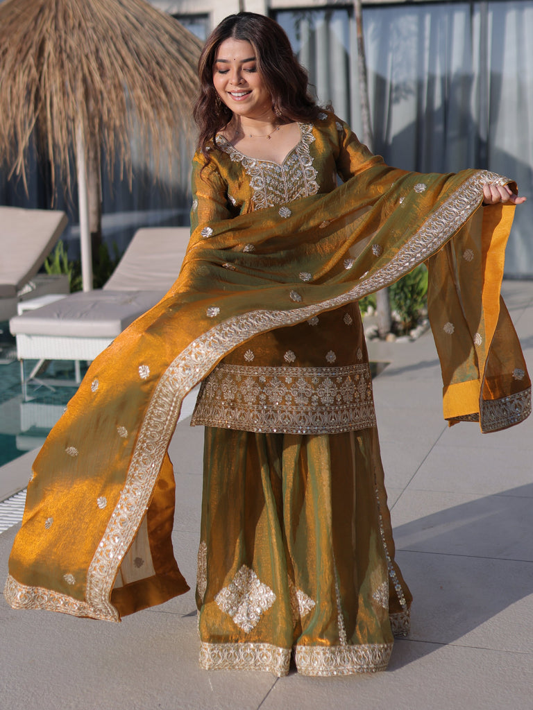 Lovely Mustard Yellow Zari Work Chiffon Wedding Wear Sharara Suit