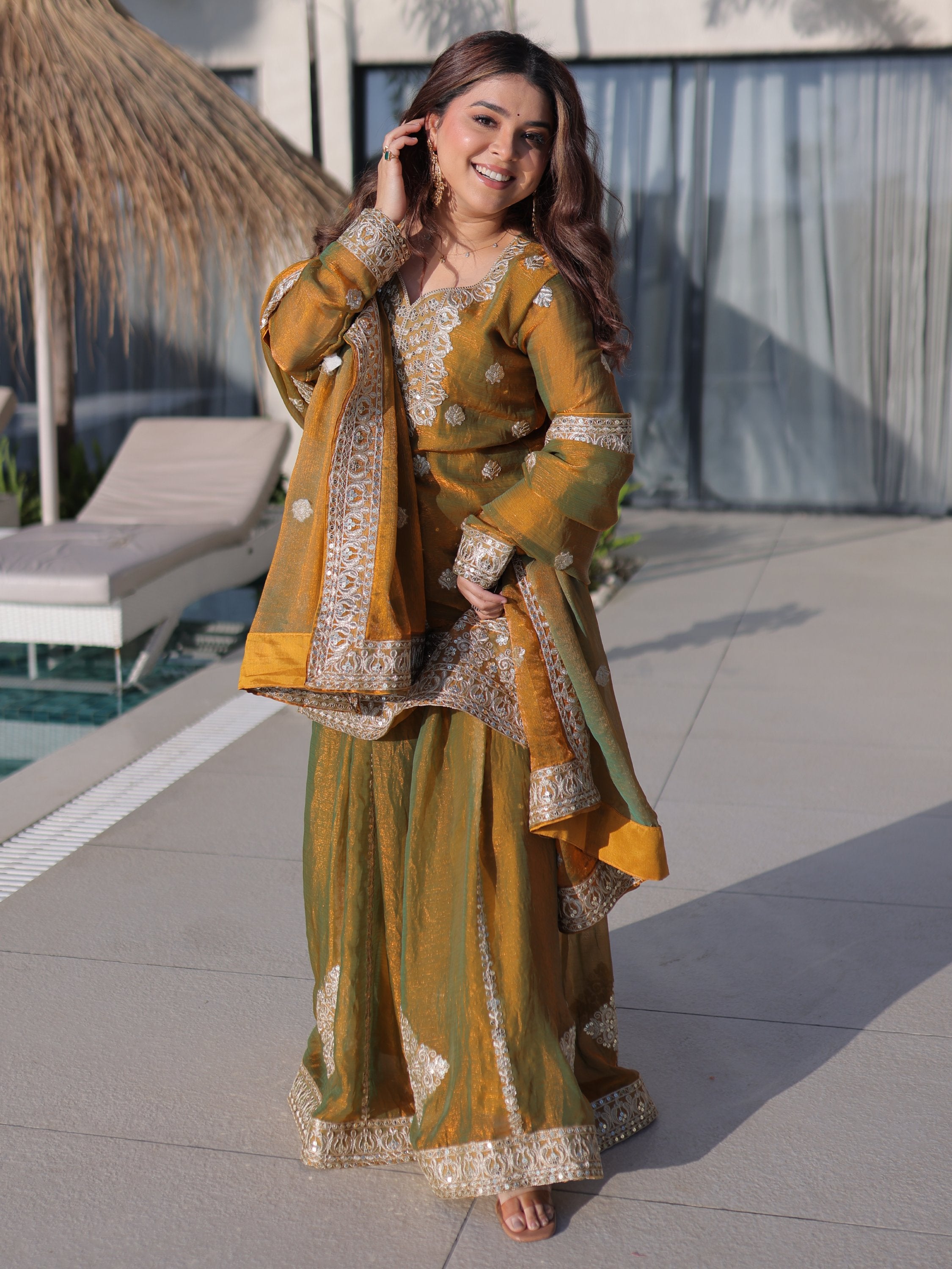 Lovely Mustard Yellow Zari Work Chiffon Wedding Wear Sharara Suit
