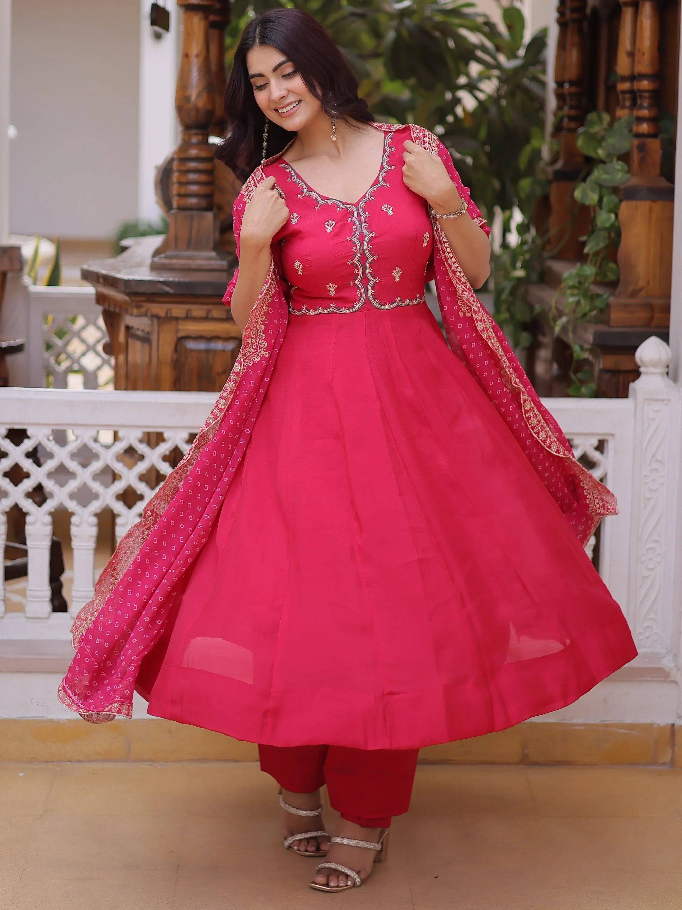 Attractive Pink Bead Work Chanderi Wedding Wear Anarkali Suit