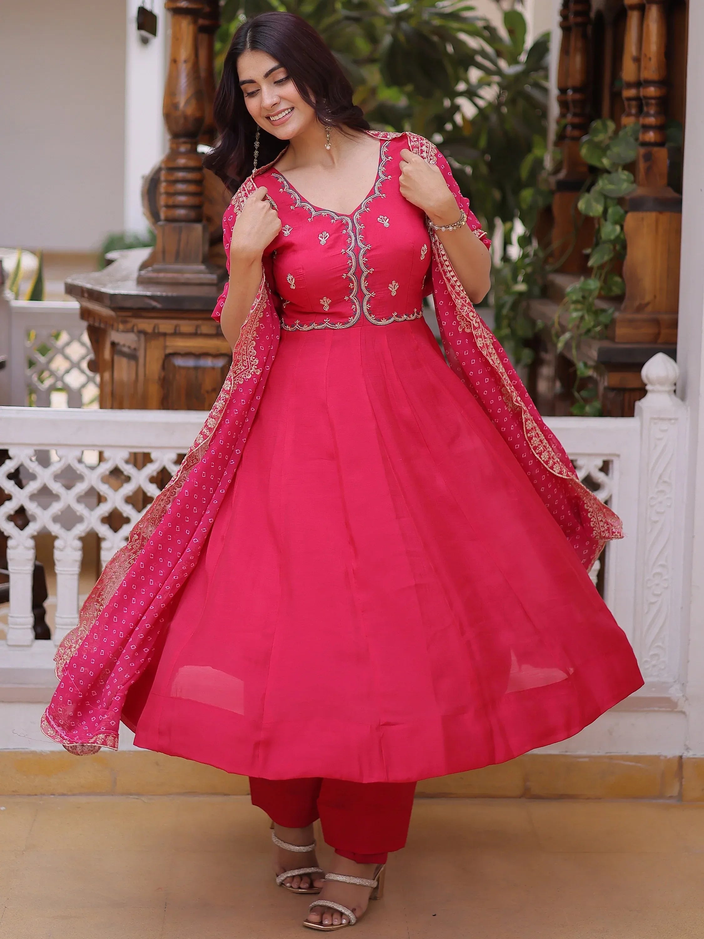 Attractive Pink Bead Work Chanderi Wedding Wear Anarkali Suit