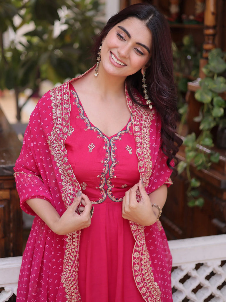 Attractive Pink Bead Work Chanderi Wedding Wear Anarkali Suit
