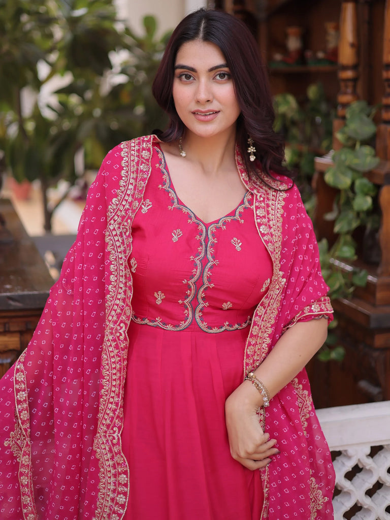 Attractive Pink Bead Work Chanderi Wedding Wear Anarkali Suit