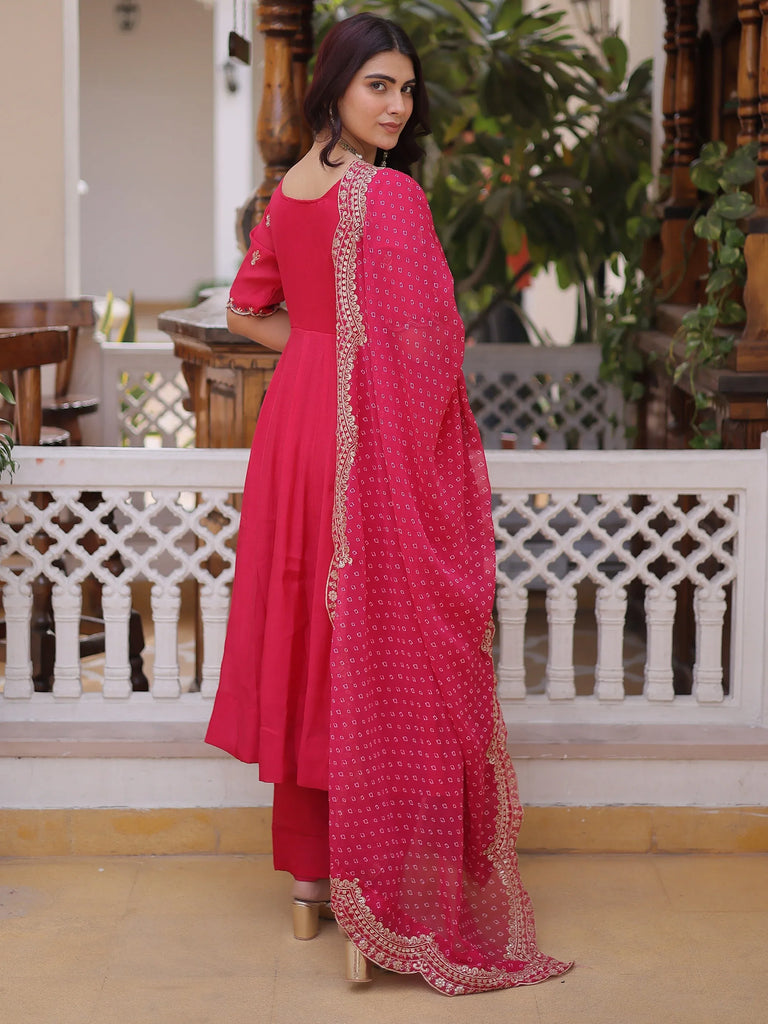 Attractive Pink Bead Work Chanderi Wedding Wear Anarkali Suit