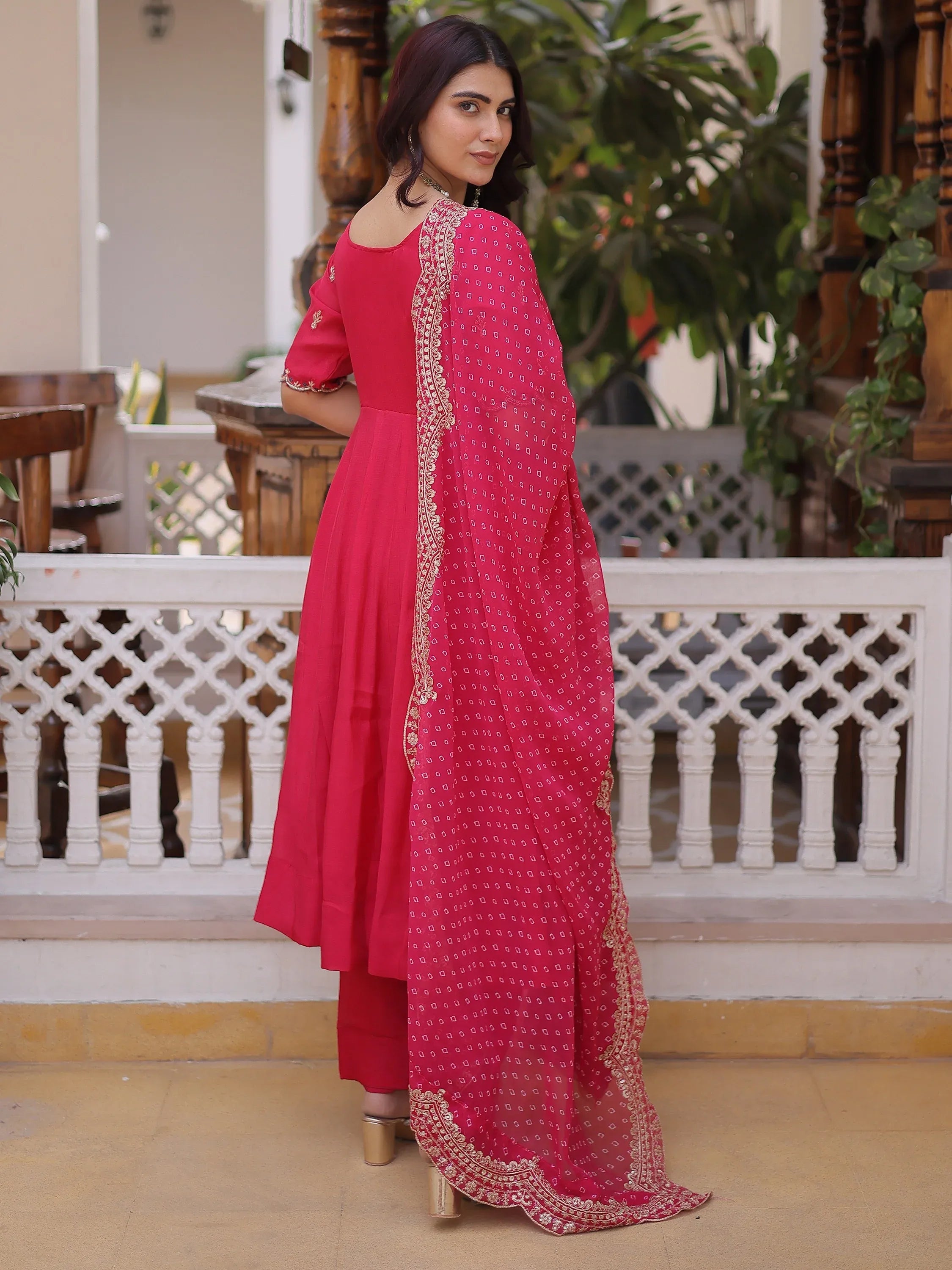 Attractive Pink Bead Work Chanderi Wedding Wear Anarkali Suit