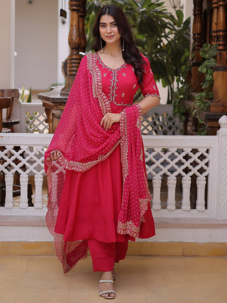 Attractive Pink Bead Work Chanderi Wedding Wear Anarkali Suit