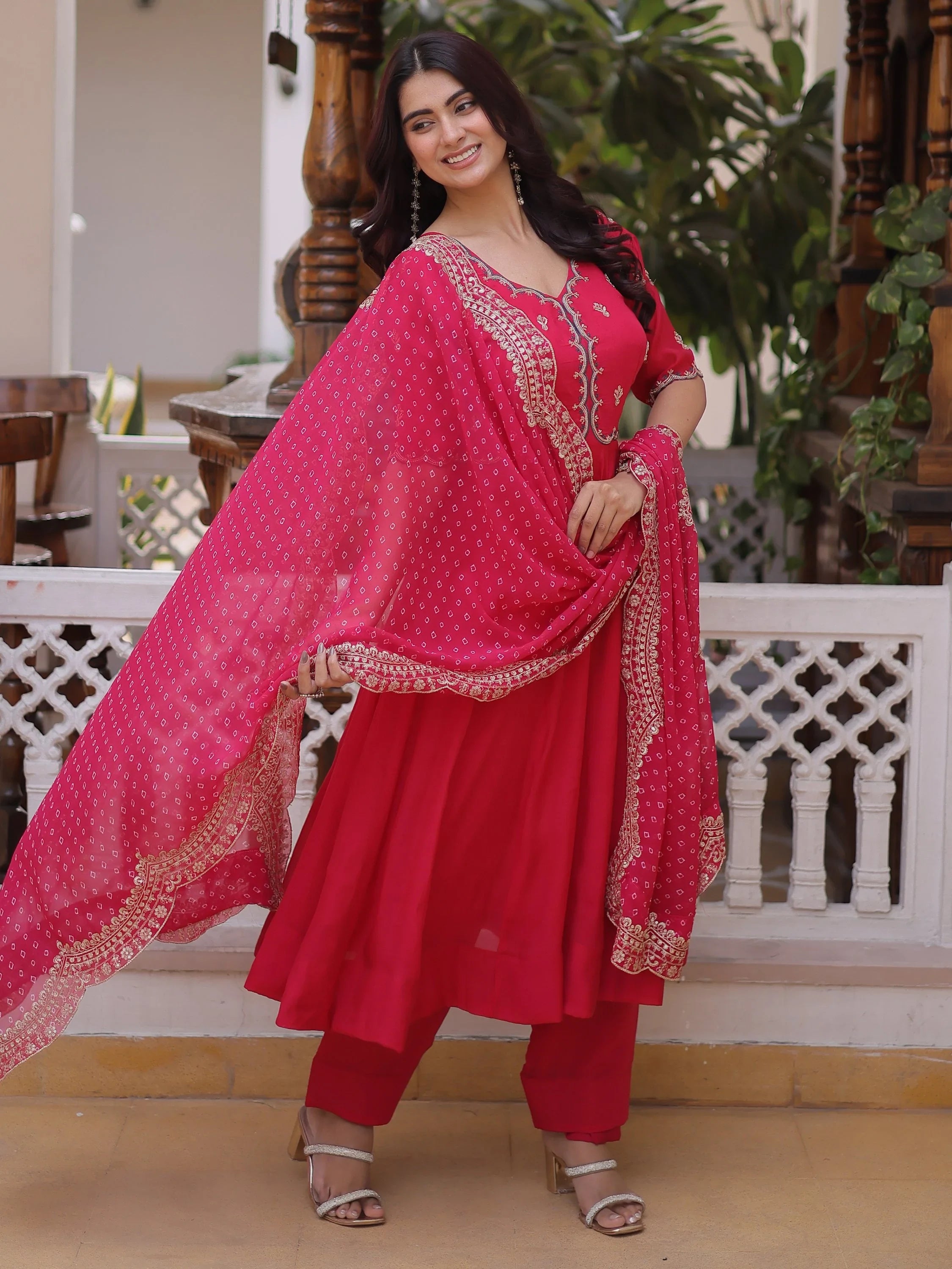 Attractive Pink Bead Work Chanderi Wedding Wear Anarkali Suit