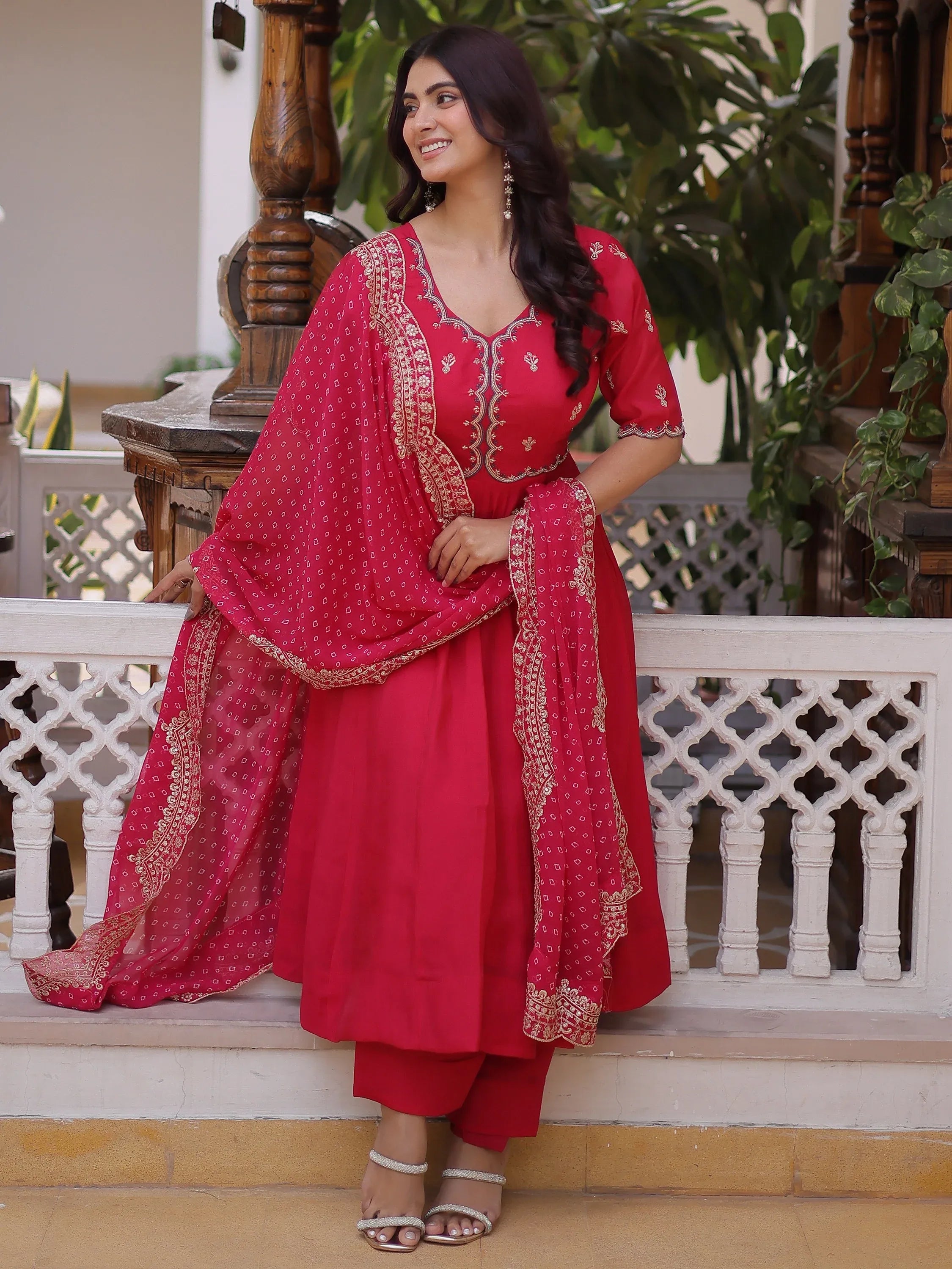 Attractive Pink Bead Work Chanderi Wedding Wear Anarkali Suit