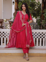 Attractive Pink Bead Work Chanderi Wedding Wear Anarkali Suit
