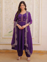 Splendid Purple Thread Work Chanderi Festive Wear Anarkali Suit