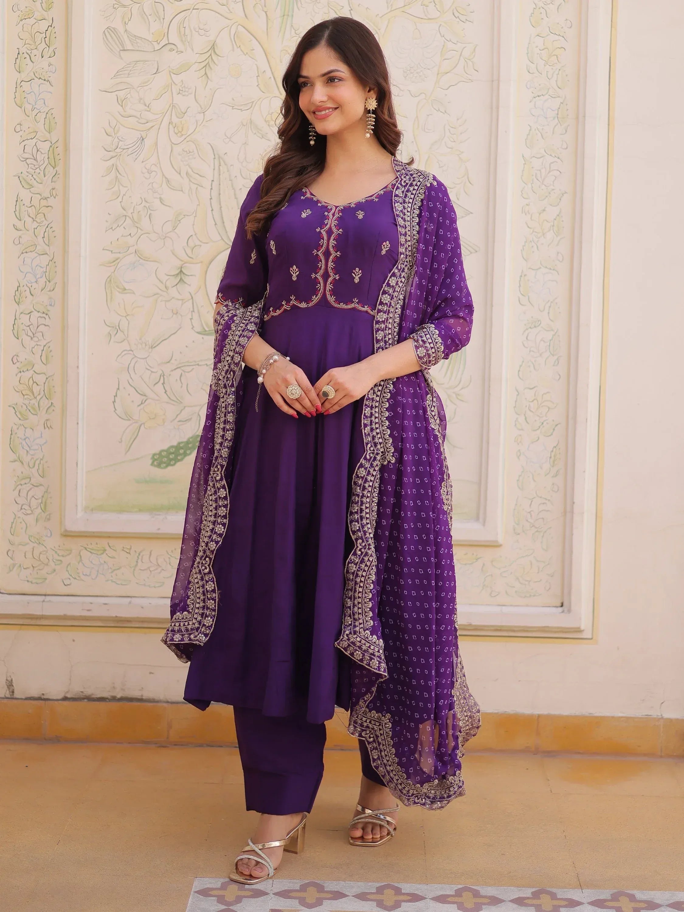Splendid Purple Thread Work Chanderi Festive Wear Anarkali Suit