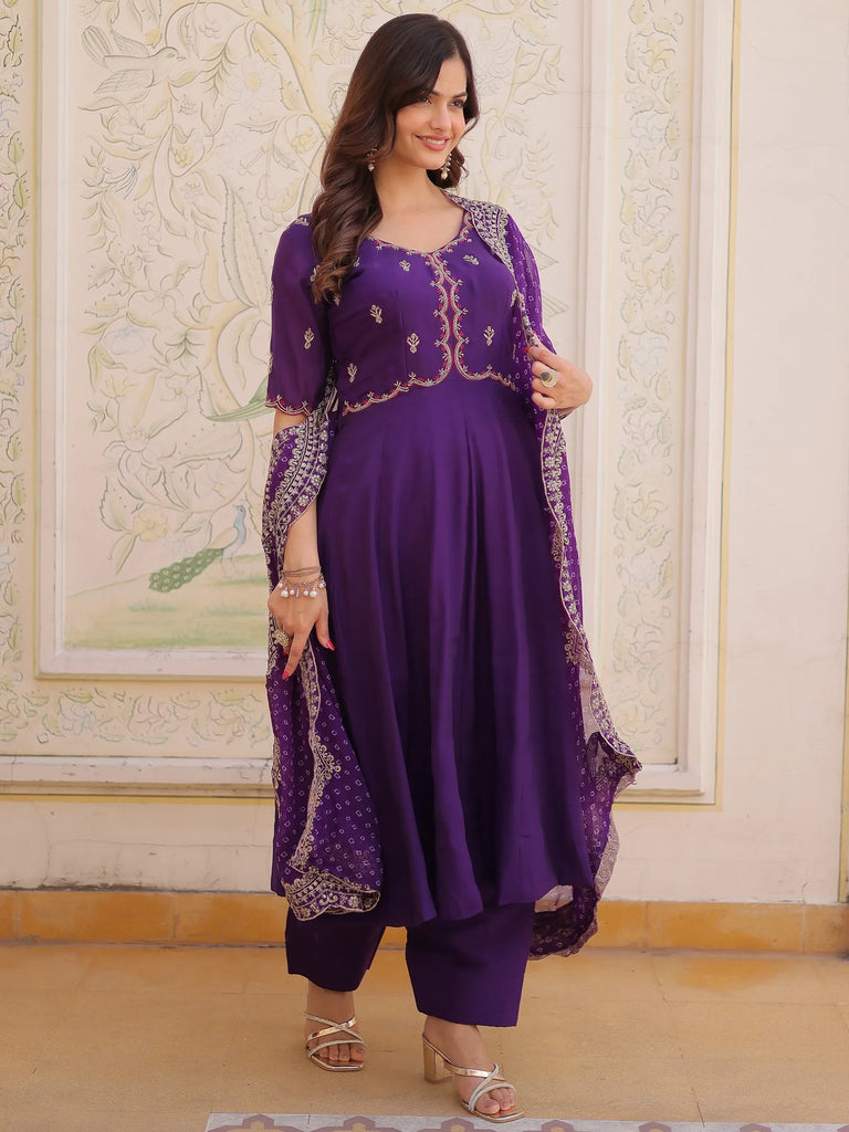 Splendid Purple Thread Work Chanderi Festive Wear Anarkali Suit