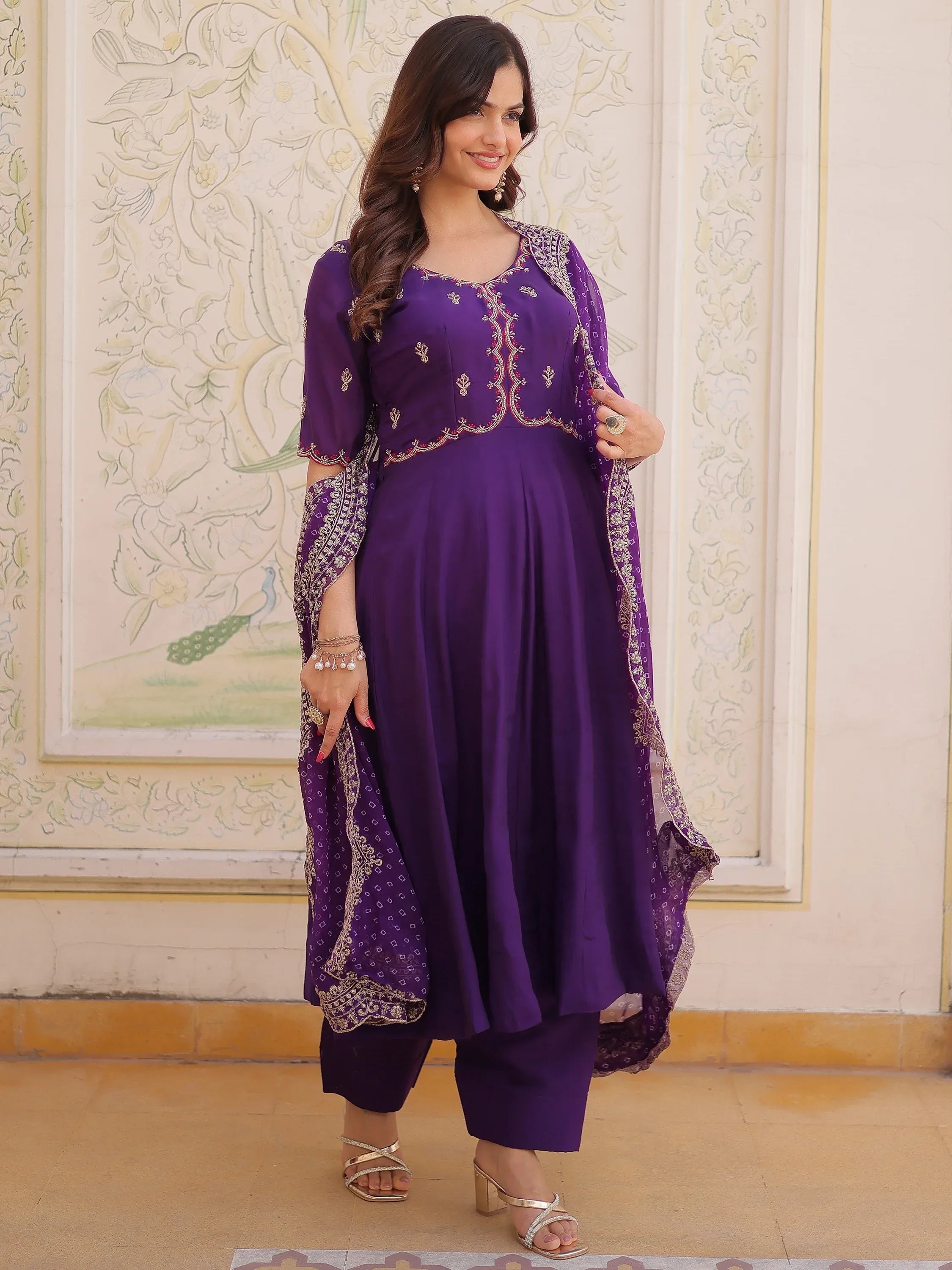 Splendid Purple Thread Work Chanderi Festive Wear Anarkali Suit