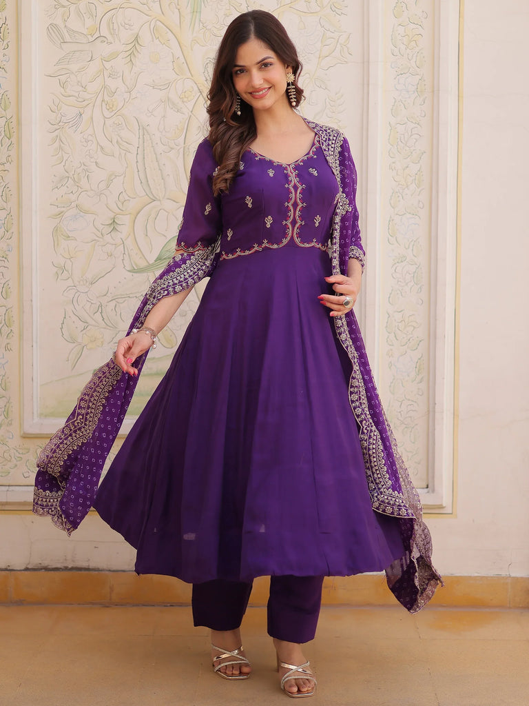 Splendid Purple Thread Work Chanderi Festive Wear Anarkali Suit