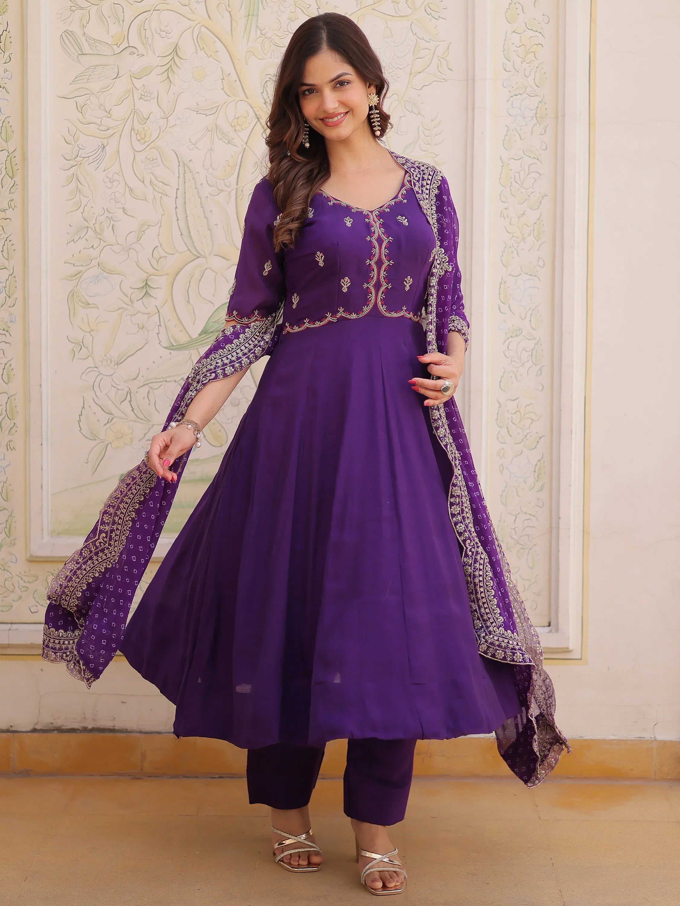 Splendid Purple Thread Work Chanderi Festive Wear Anarkali Suit