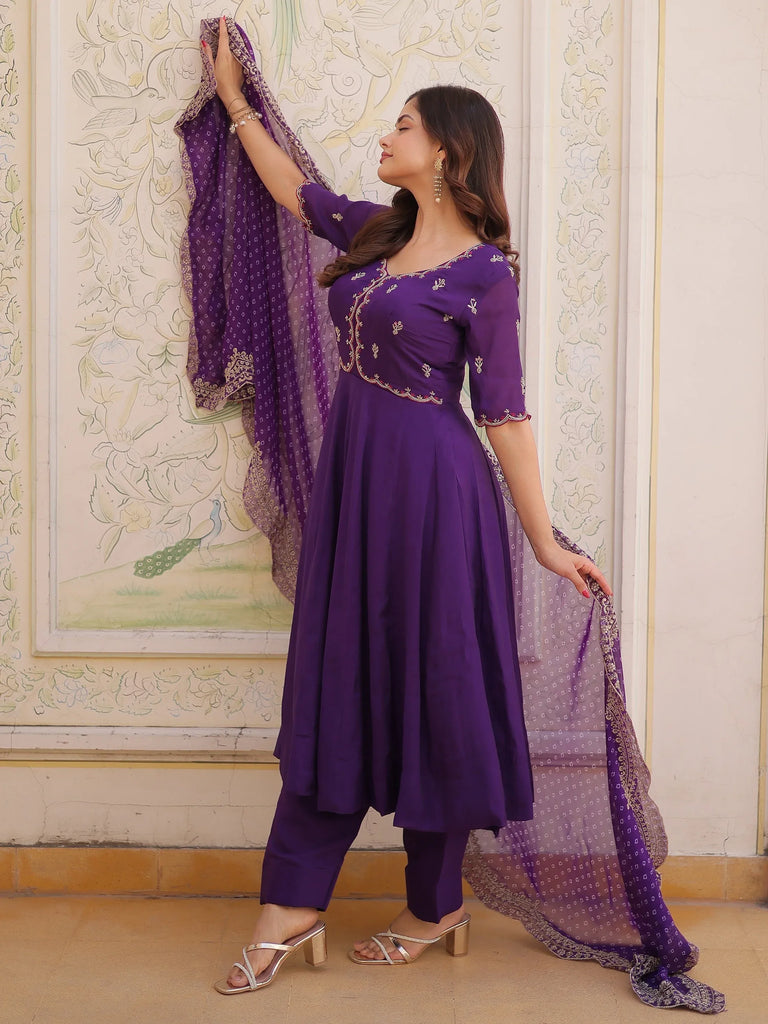 Splendid Purple Thread Work Chanderi Festive Wear Anarkali Suit