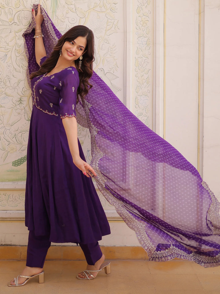Splendid Purple Thread Work Chanderi Festive Wear Anarkali Suit