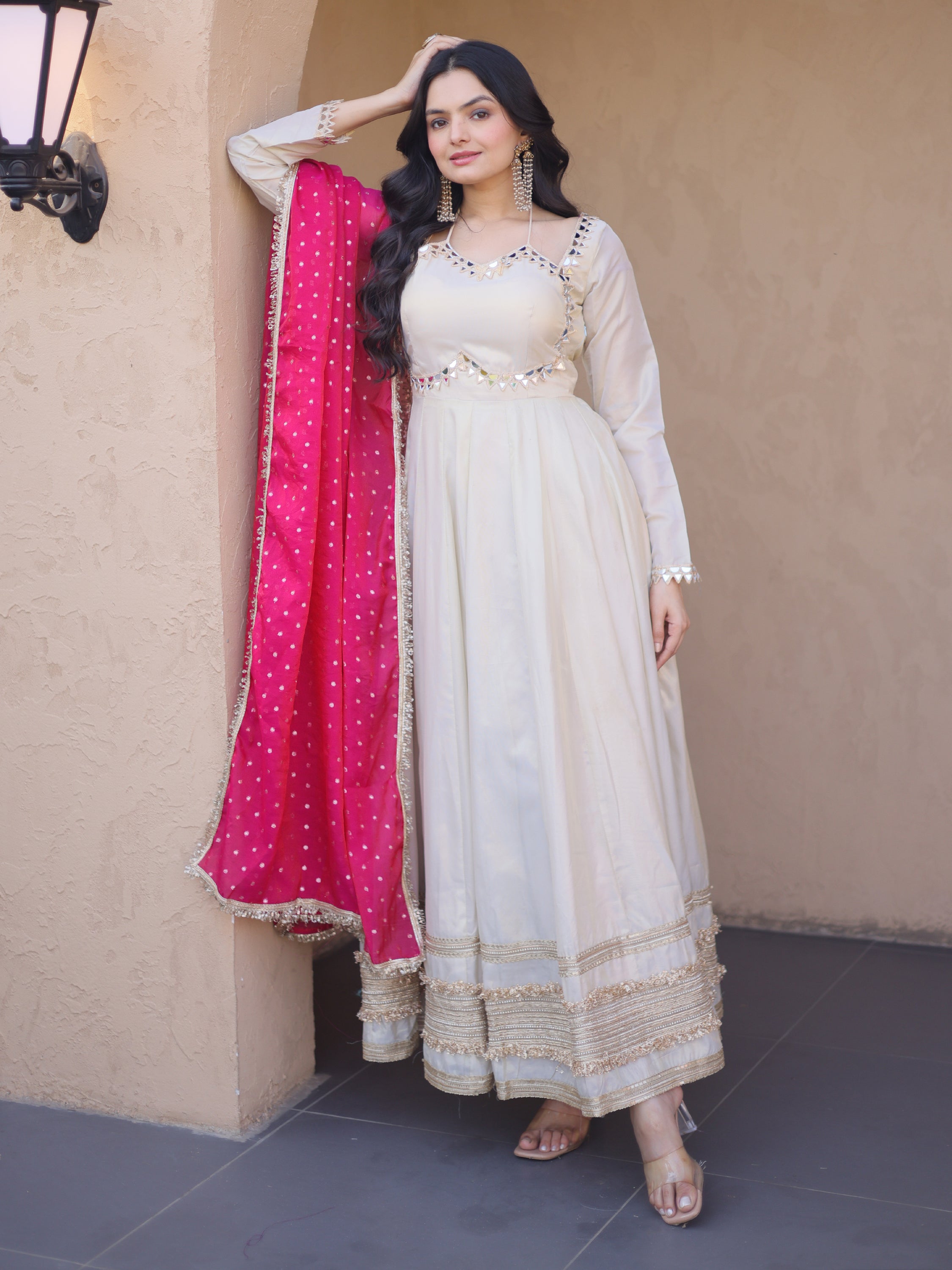 Impressive Pink Lace Work Silk Wedding Wear Gown With Dupatta