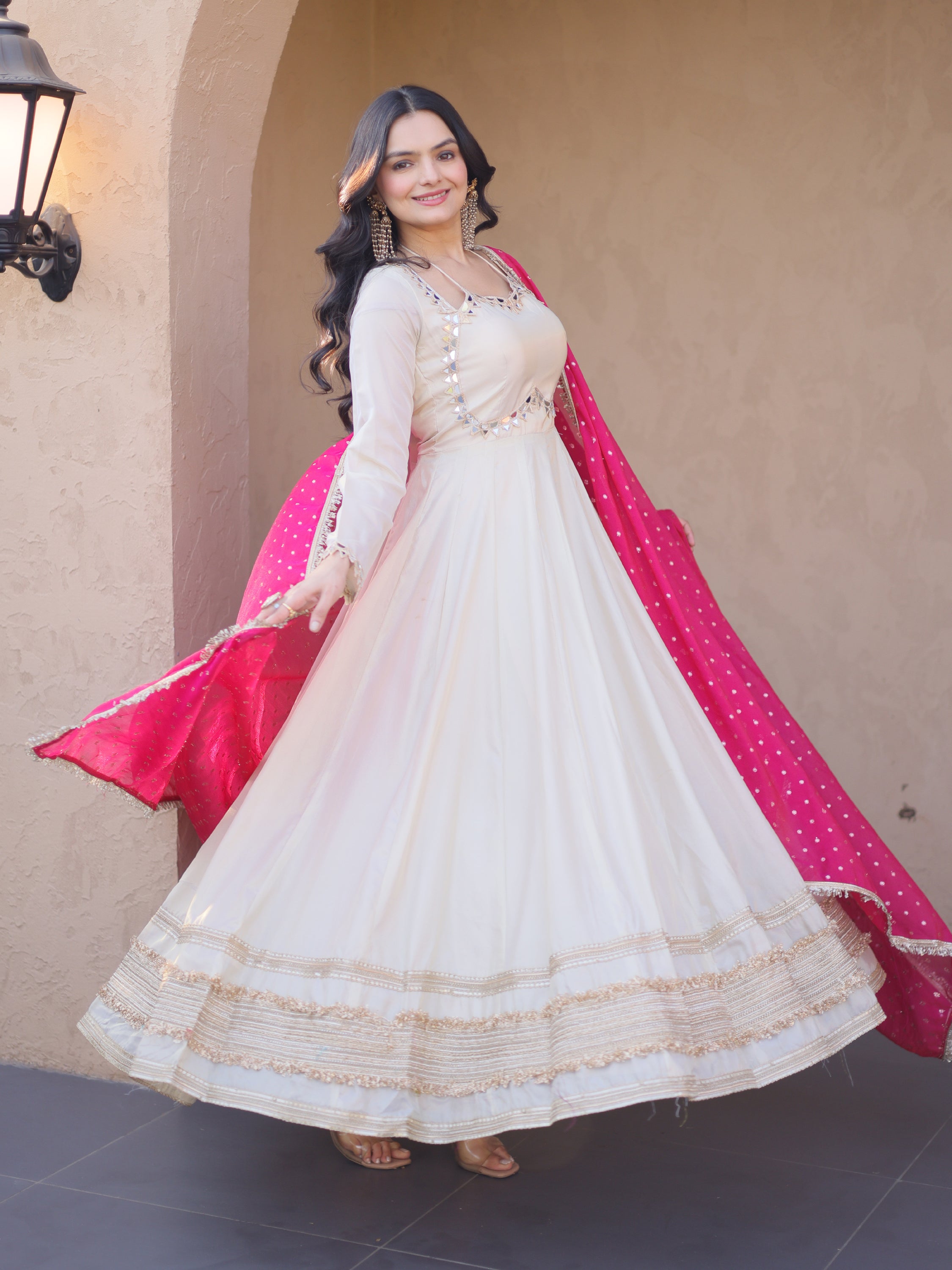 Impressive Pink Lace Work Silk Wedding Wear Gown With Dupatta