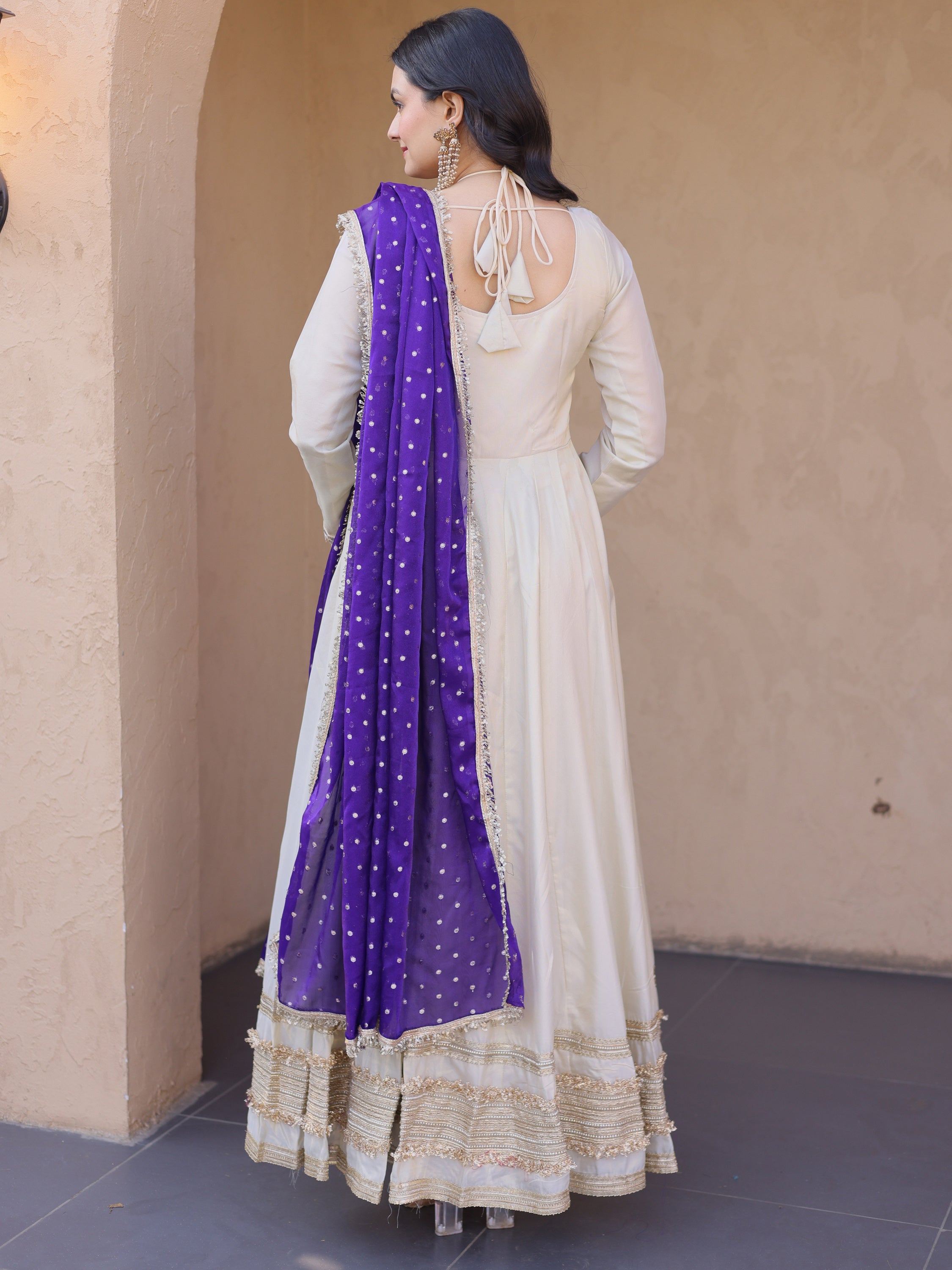 Stunning Purple Lace Work Silk Event Wear Gown With Dupatta