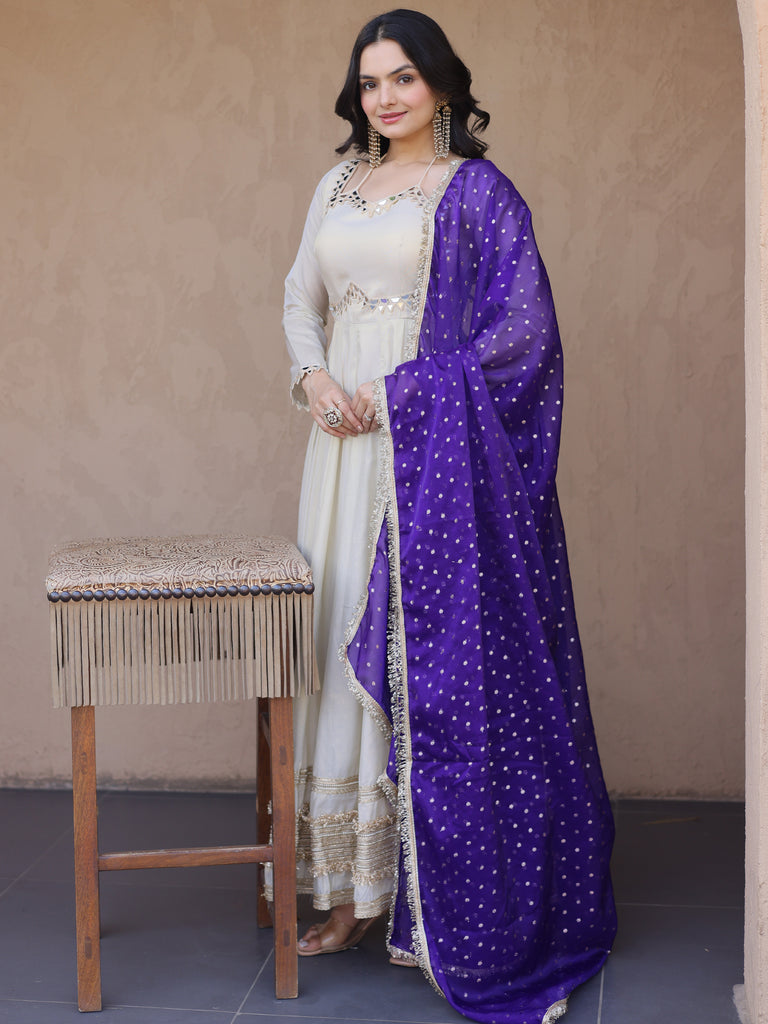 Stunning Purple Lace Work Silk Event Wear Gown With Dupatta