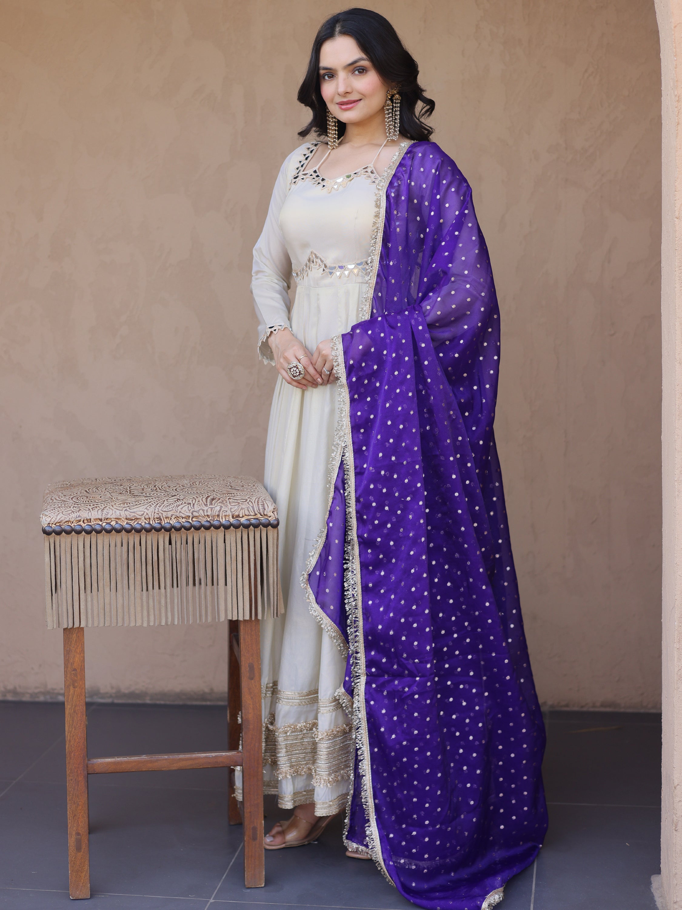 Stunning Purple Lace Work Silk Event Wear Gown With Dupatta