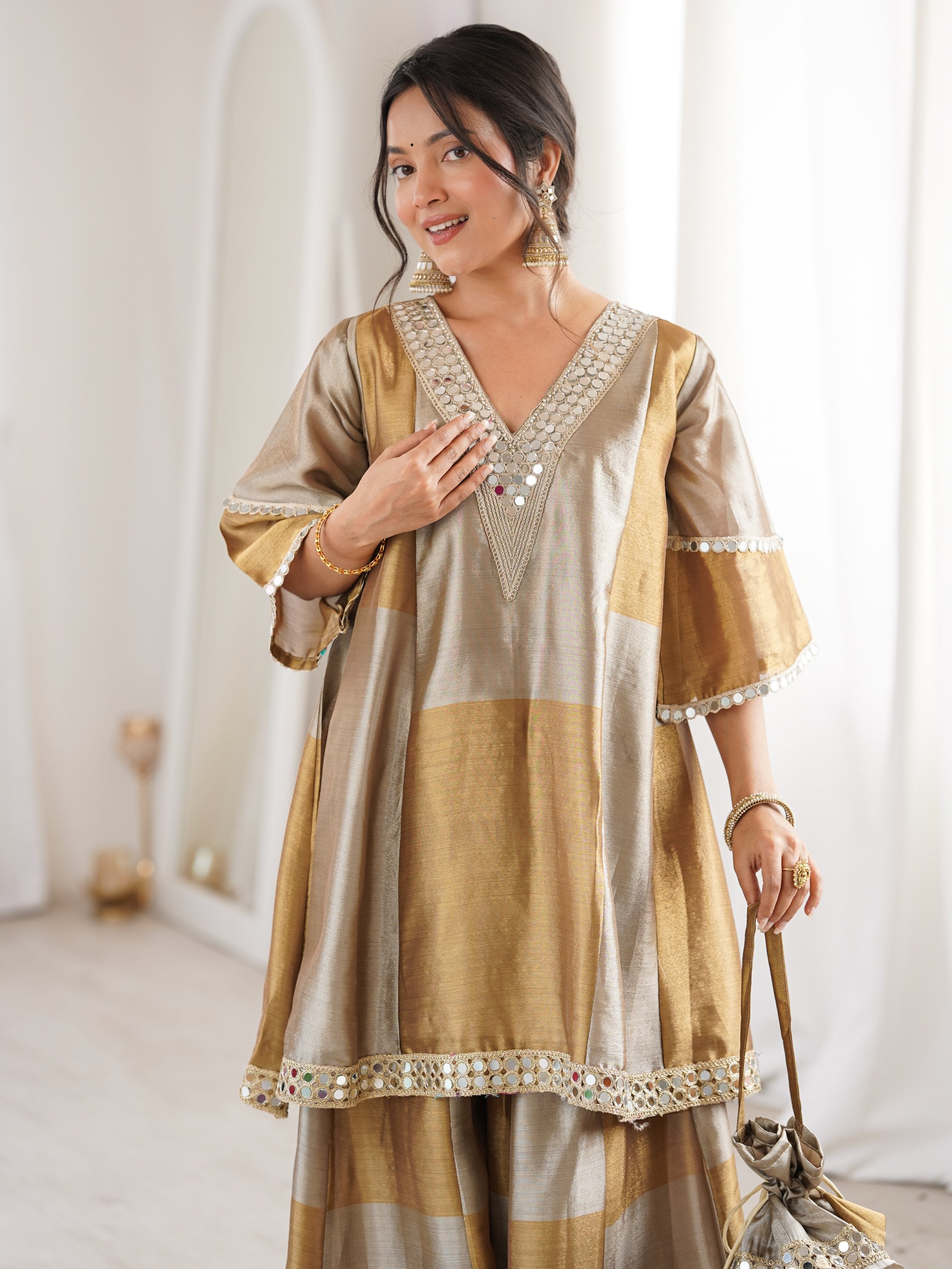 Stylish Golden Mirror Work Tissue Wedding Wear Palazzo Suit