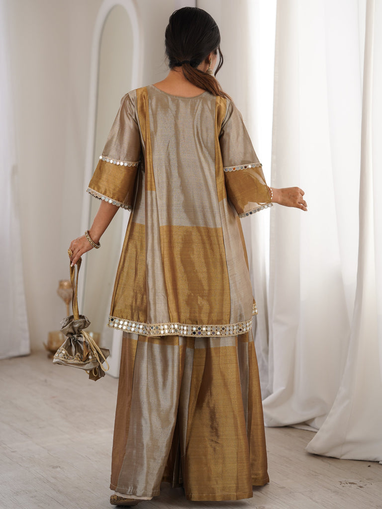 Stylish Golden Mirror Work Tissue Wedding Wear Palazzo Suit