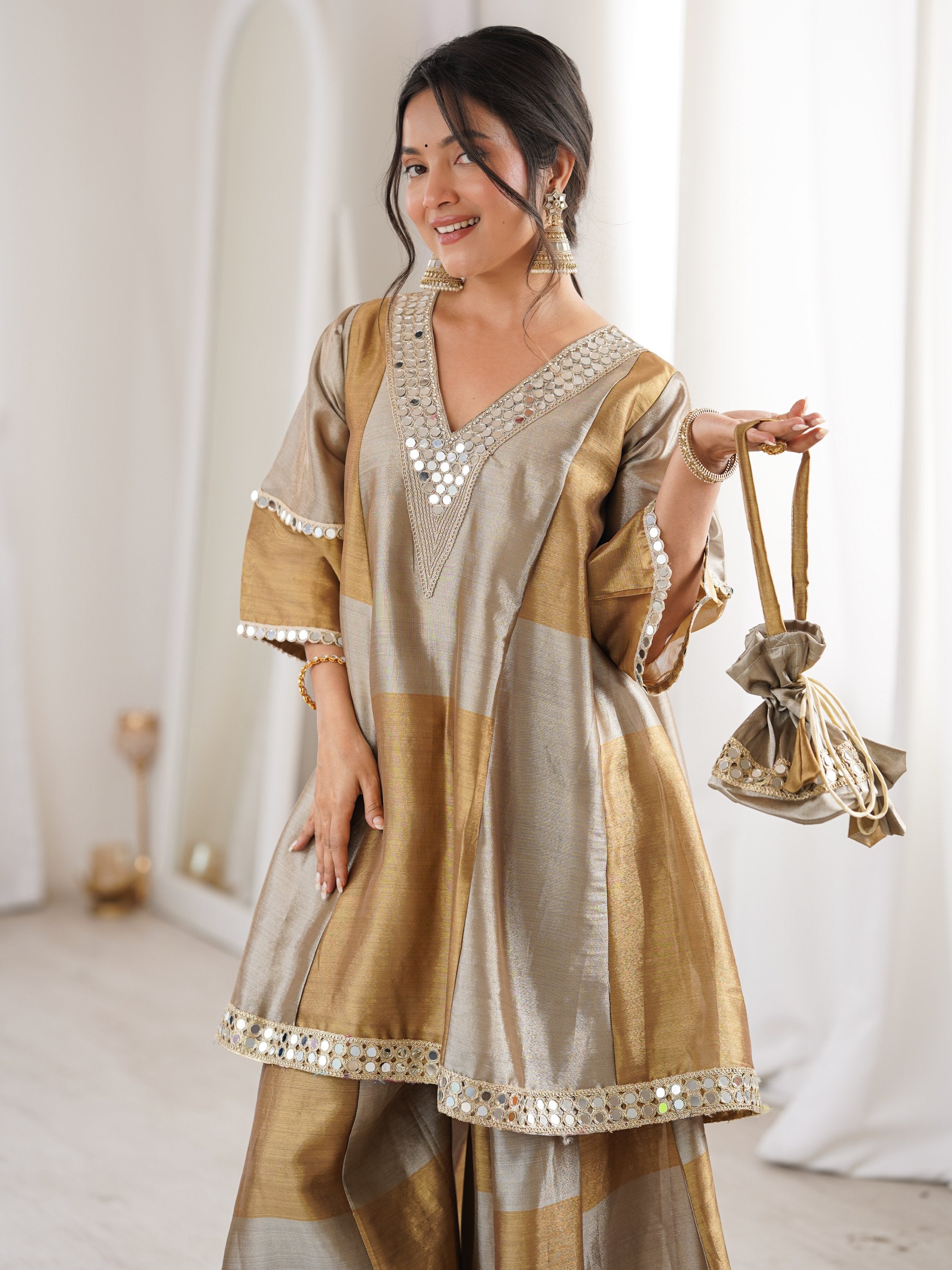 Stylish Golden Mirror Work Tissue Wedding Wear Palazzo Suit